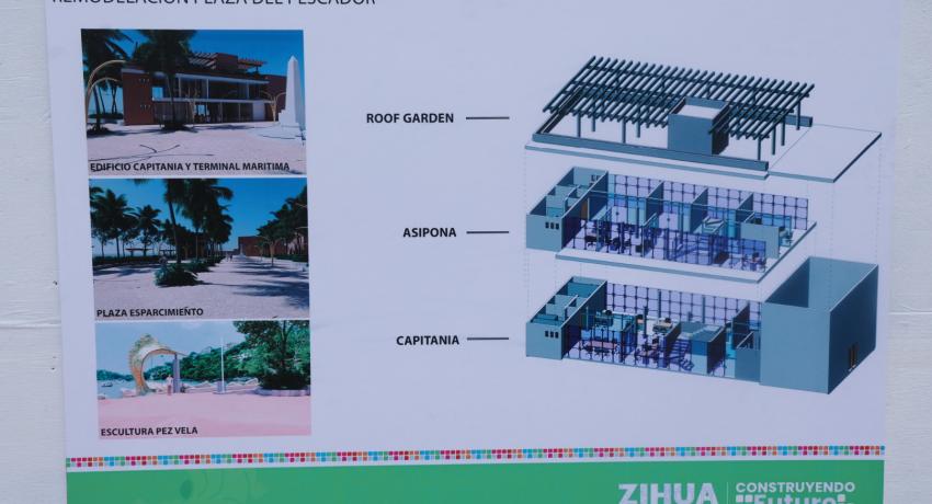 Lizette Tapia Castro arranca la obra de mejoramiento de imagen en el muelle de Zihuatanejo.